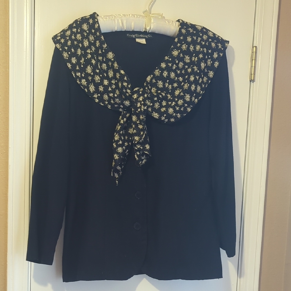 Vintage Black Blazer with Floral Collar